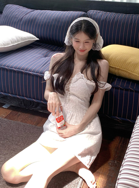 Lienni2025夏季新款高腰显瘦镂空立体刺绣一字肩吊带两穿连衣裙女