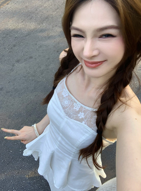 Lienni春和景明2026新款亚麻拼接蕾丝吊带上衣女高腰显瘦长裤套装