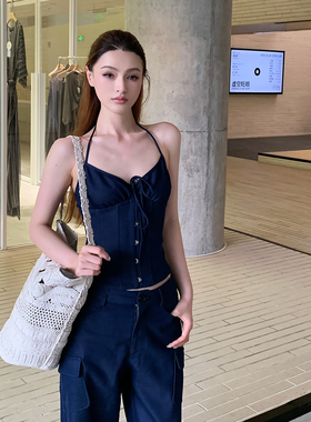Lienni2026春夏新款天丝牛仔鱼骨挂脖上衣女直筒阔腿裤两件套装