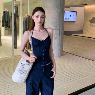 两件套装 Lienni2026春夏新款 天丝牛仔鱼骨挂脖上衣女直筒阔腿裤