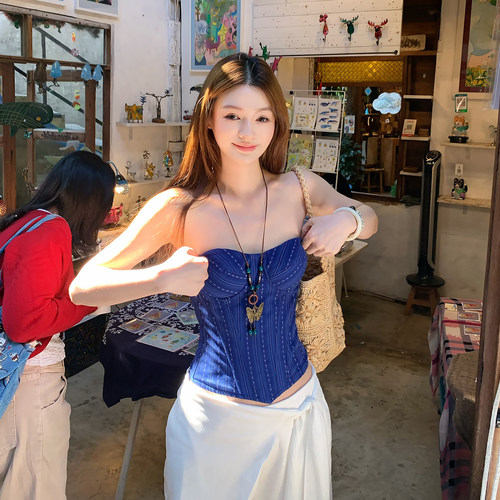 百搭宝蓝印花镂空鱼骨胸衣女