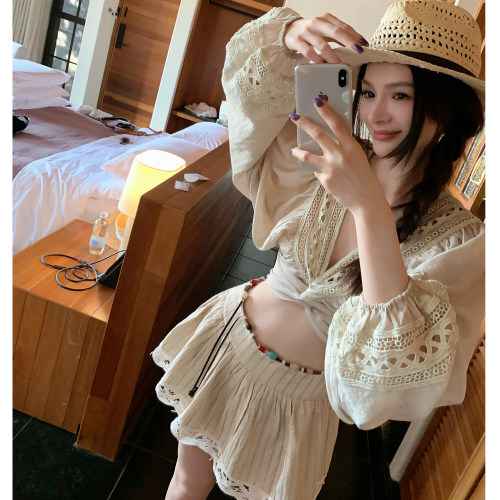 新色手缝串珠衬衫套装