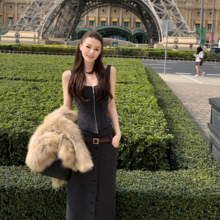 时髦鱼骨拉链吊带上衣女高腰显瘦半身裙套装 Lienni2025冬季 新款