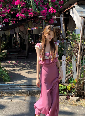 Lienni2026早春新款镂空方领高腰显瘦拼接蕾丝甜美中长款连衣裙女