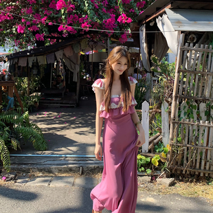 Lienni2026早春新款镂空方领高腰显瘦拼接蕾丝甜美中长款连衣裙女
