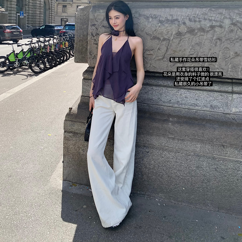 Lienni手作花朵吊带雪纺衫