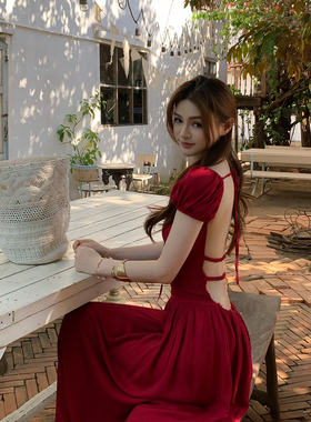 Lienni2026早春新款气质高腰显瘦系带镂空露背长款短袖连衣裙女