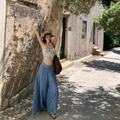 套装 上衣女中低腰显瘦阔腿裤 褶皱天丝鱼骨抹胸短款 Lienni2025夏季