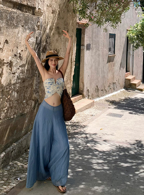 Lienni2025夏季褶皱天丝鱼骨抹胸短款上衣女中低腰显瘦阔腿裤套装