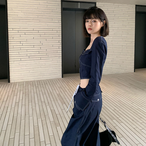 Lienni2023春季新款方领长袖百搭上衣女高腰显瘦工装长裤套装女
