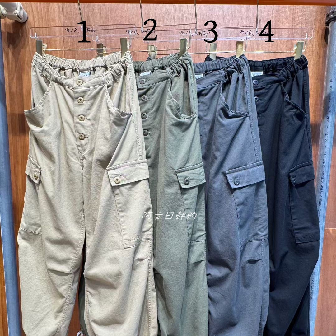 韩国GVR代购工装风多口袋休闲裤女抽绳腰宽松纽扣装饰百搭阔腿裤