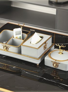 家居客厅茶几上的简约现代摆件轻奢风装饰品欧式三件套托盘收纳盒