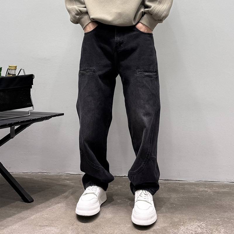 2025年春秋水洗做旧灰黑色多口袋设计牛仔裤男宽松百搭直筒长裤