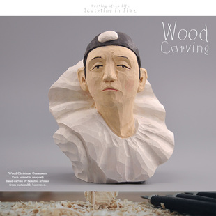 正版出口定制木雕 皮耶罗哭泣小丑戏剧人物雕塑 手工雕刻实木收藏