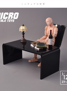 Dollhouse娃娃 1/12分办公室场景 黑色艺术办公桌座椅微缩模型