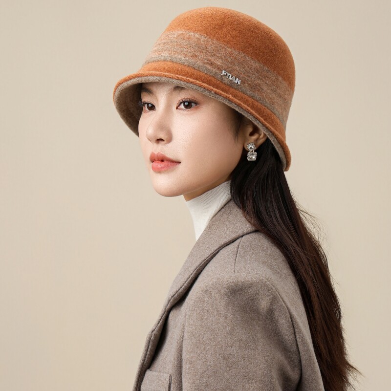 高档羊毛呢帽子女款2025新款秋冬款百搭拼色卷边盆帽赫本风渔夫帽