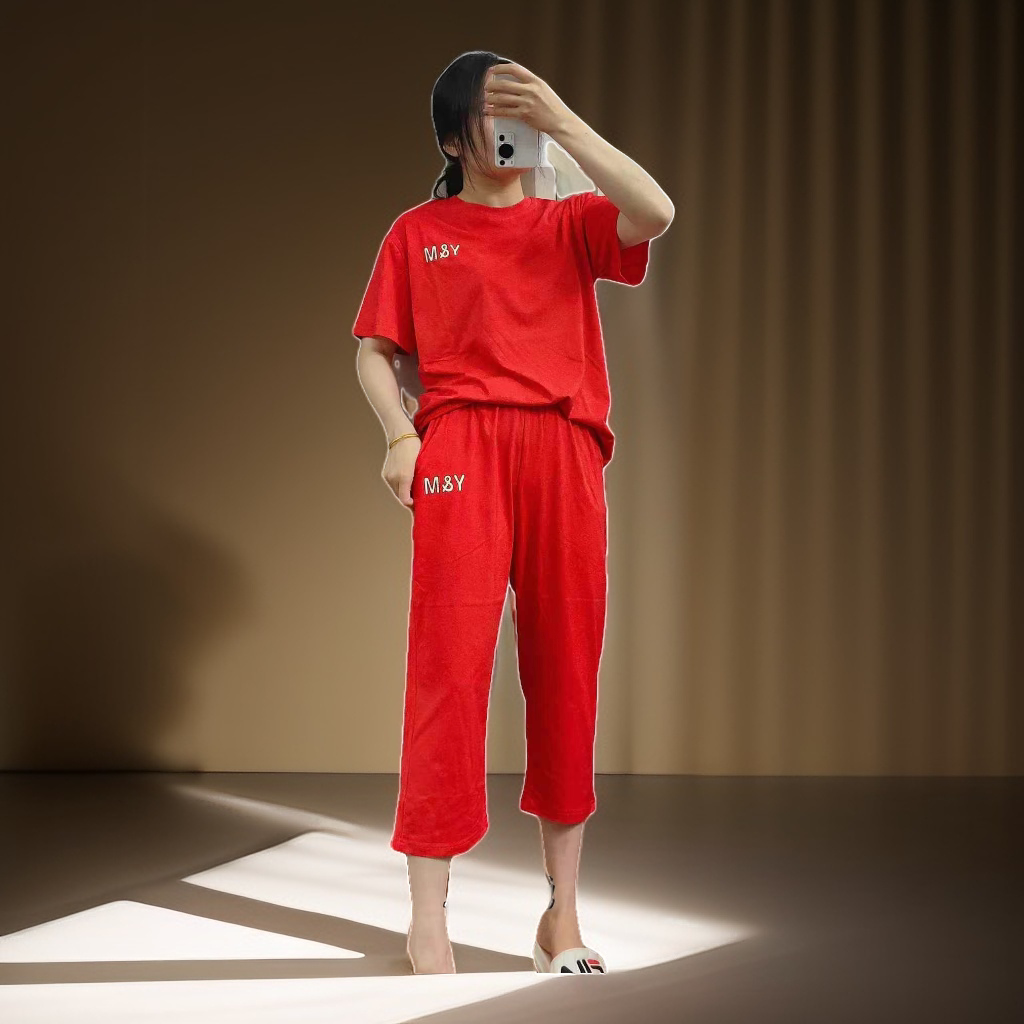 女夏季圆领短袖七分家居套装红色大码运动装妈妈时尚衣洋气两件套