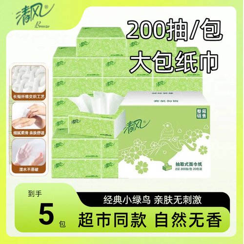 清风抽纸小绿花2层200抽