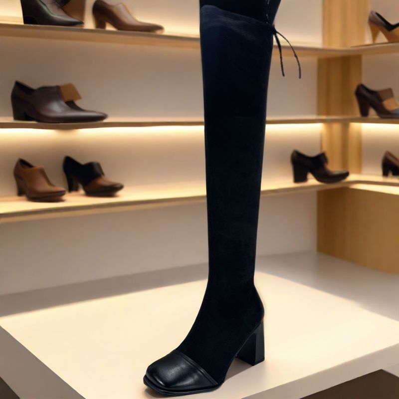 时尚弹力瘦瘦靴女秋冬款粗跟系带防滑过膝长筒靴显瘦高筒靴