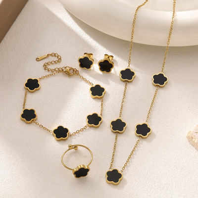 跨境爆款四叶草贝母五叶草锁骨项链女手链耳钉套装保色钛钢不掉色