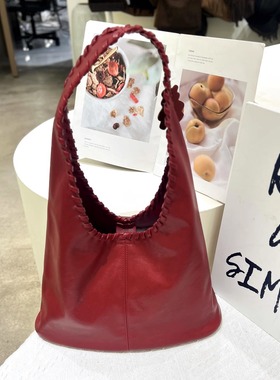 复古红色软皮托特包女hobo包编织j肩带慵懒感通勤百搭单肩腋下包