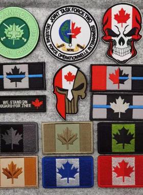 加拿大旗刺绣魔术贴章Canadian patch户外背包徽章蓝线补丁圆形章