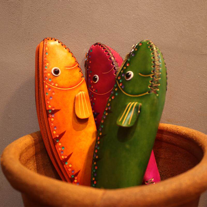 牛皮纯手工零钱包热带鱼钥匙包文具盒拉链硬币包通用文具零钱包