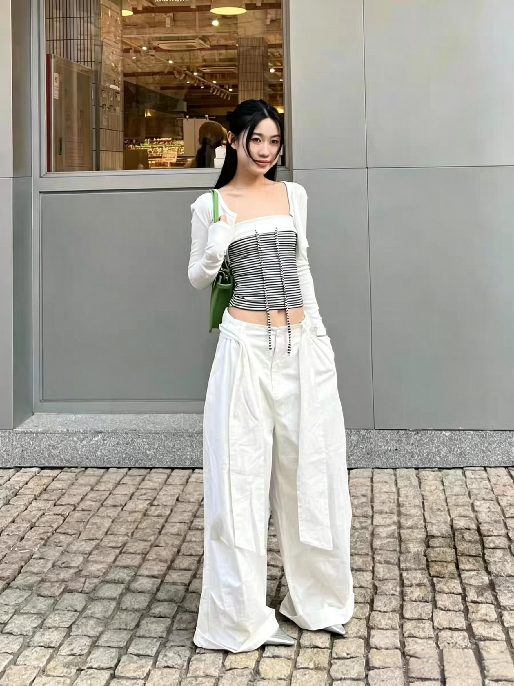 韩版新款辣妹垫肩小衫条纹抽绳抹胸+绑带宽松阔腿裤三件套装女潮