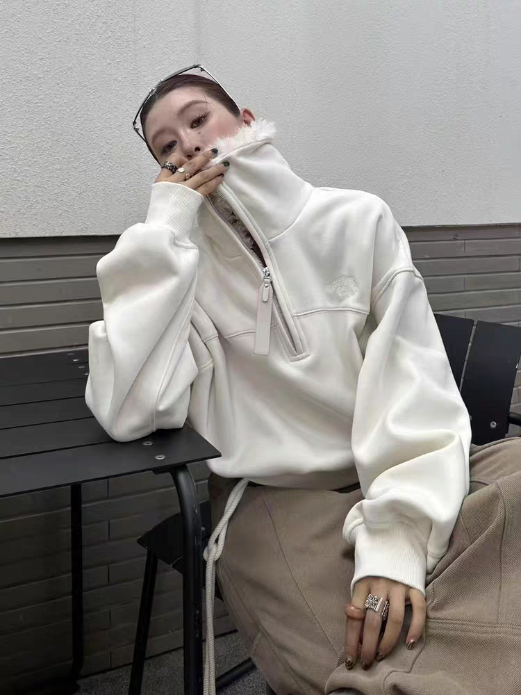 十三行冬新款韩版辣妹宽松显瘦上衣拼接毛绒半拉链立领加厚卫衣女