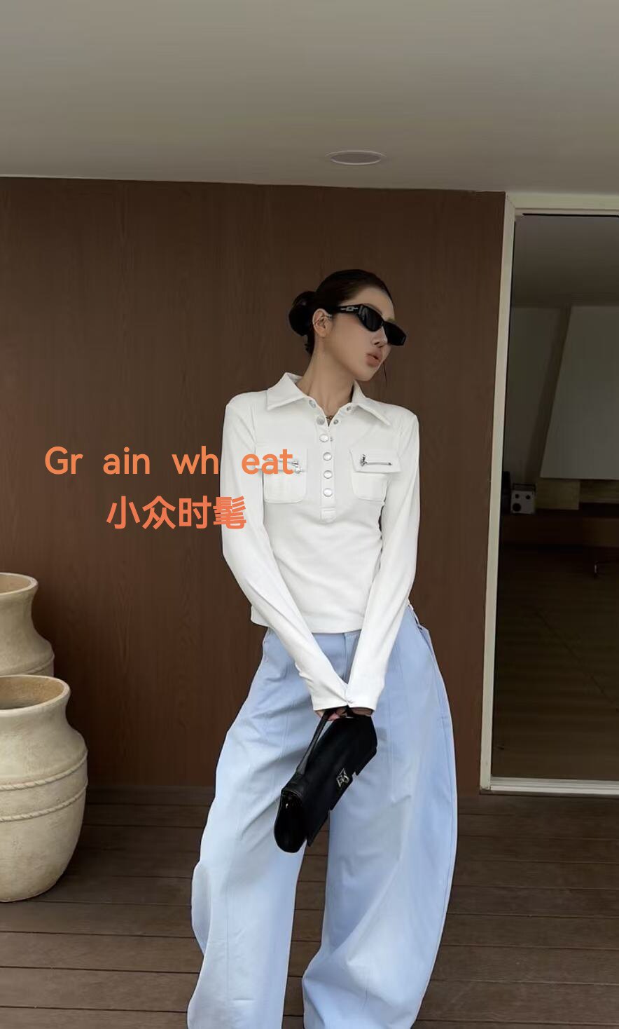 十三行韩系小众时尚休闲简约高级风高领修身短款翻领长袖T恤女装
