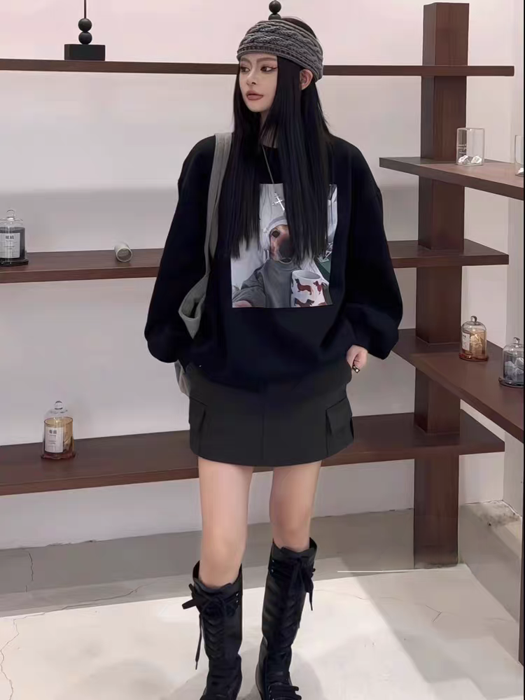十三行欧美式秋冬新款宽松圆领套头卫衣女复古加绒长袖上衣潮女