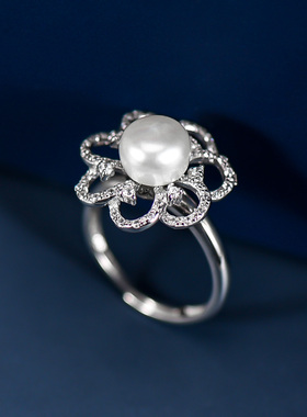 薄雪S925银戒指女珍珠花朵开口指环高级感轻奢复古食指戒原创