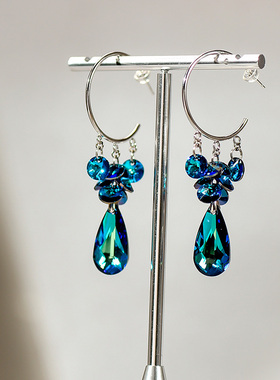 蓝色星空新款925银水晶耳环蓝色水滴耳坠长款简约气质耳饰半C耳圈