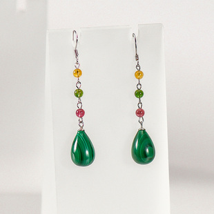 绿云重新款925银水晶耳环天然碧玺耳坠绿色孔雀石水滴耳饰气质女