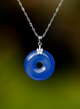 银饰品蓝色平安扣吊坠项链