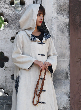 青花瓷风衣秋季新款双层棉麻复古通勤风衣Overs长款连帽外套包邮