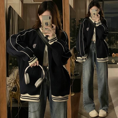 外套女春秋美式棒球服立领休闲宽松卫衣开衫情侣装学院风夹克上衣