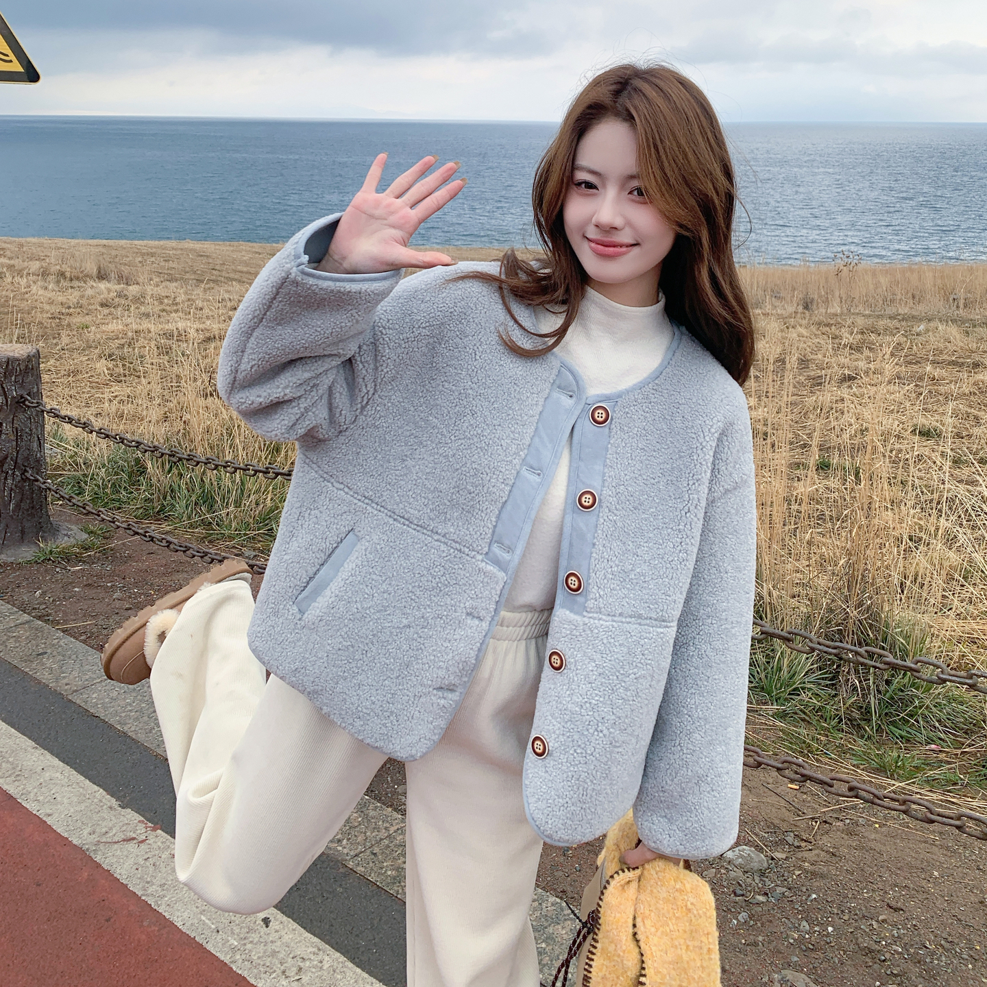 新款！蓝色羊羔毛外套宽松休闲159-548P175K258，女装短外套，浙宝159