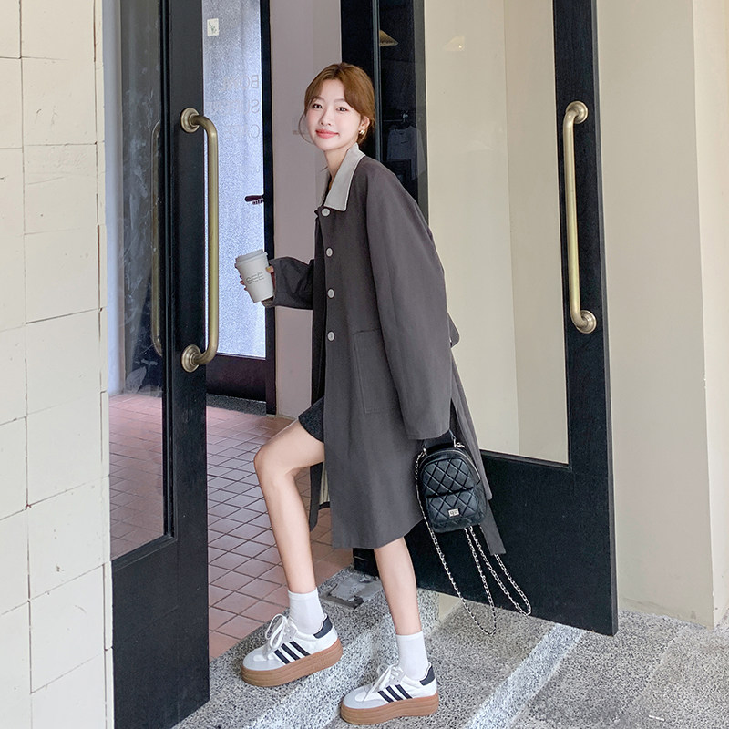 高级感灰色风衣外套女2024秋季新款韩系撞色翻领休闲小个子大衣潮,女装风衣,浙宝159