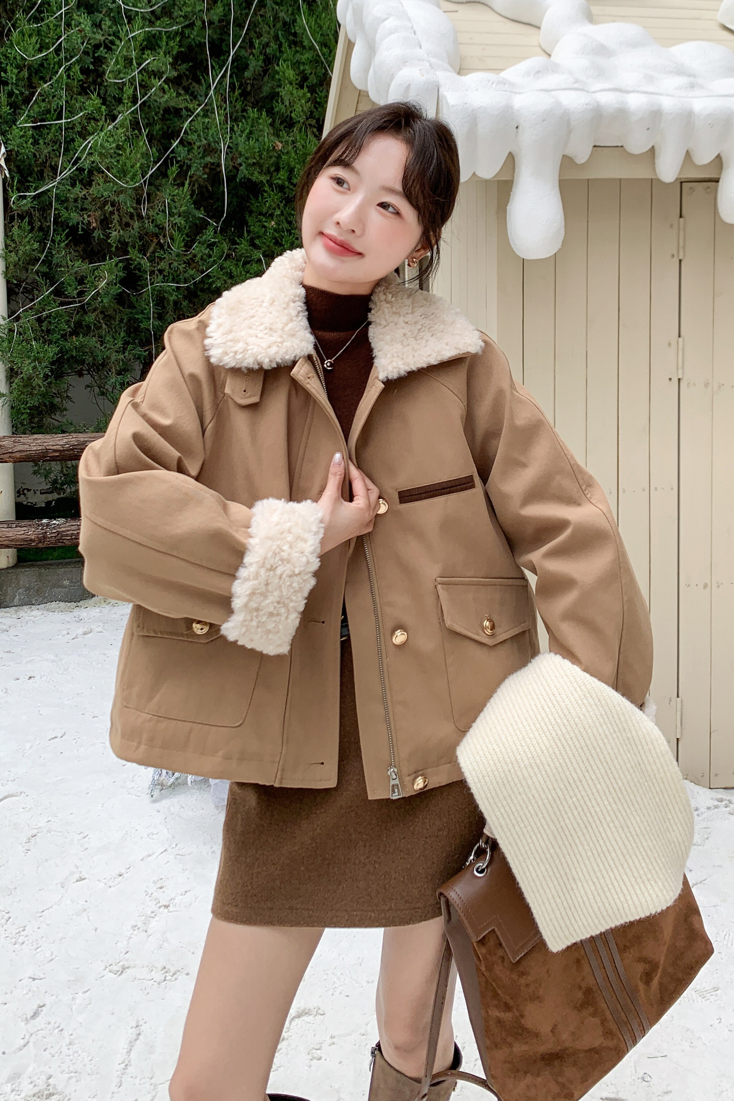 新款！卡其色羊羔毛90白鸭绒羽绒服外套159-560P275K418,女装羽绒服,浙宝159