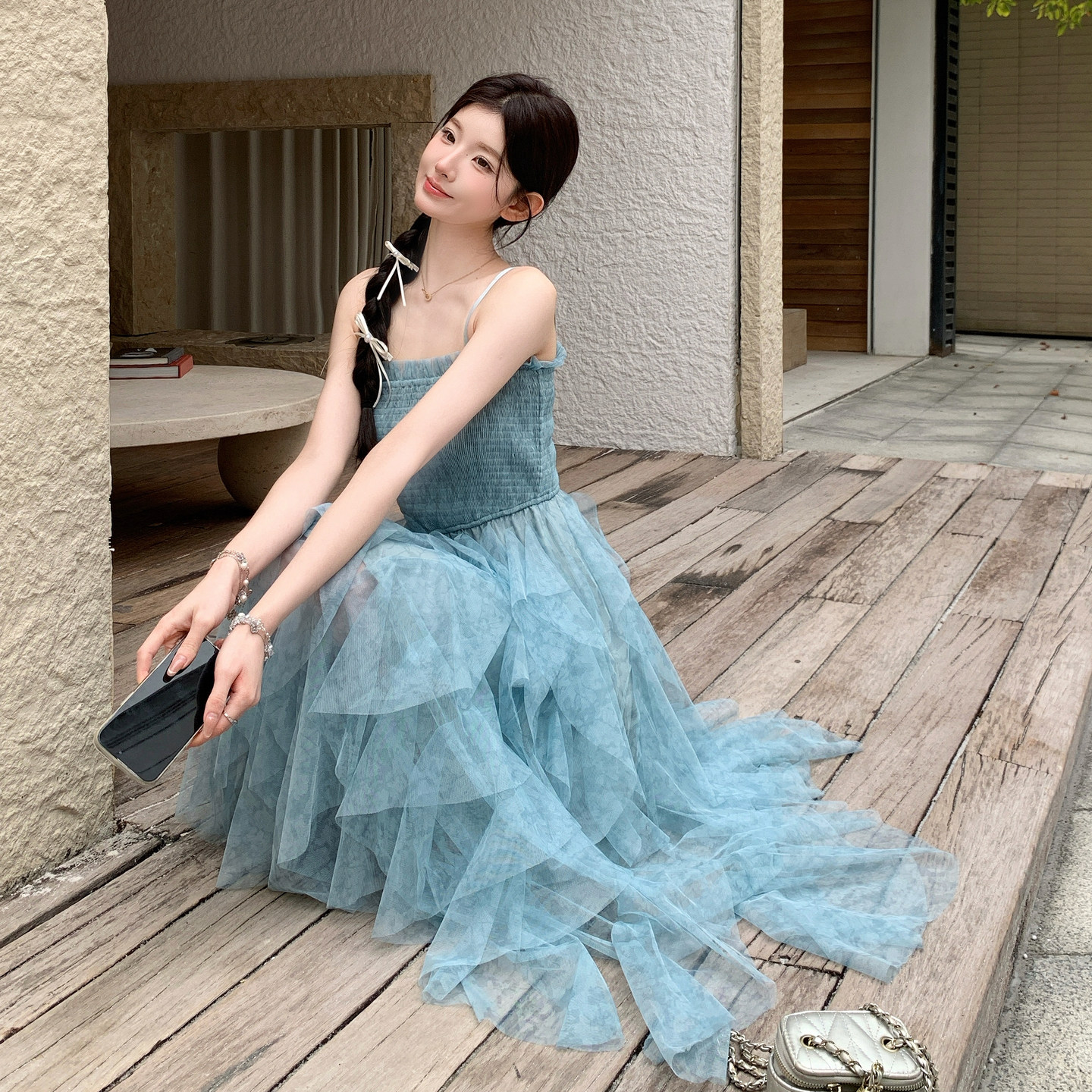 新款！蓝色网沙吊带连衣裙159-2616P135K218,女装连衣裙,浙宝159