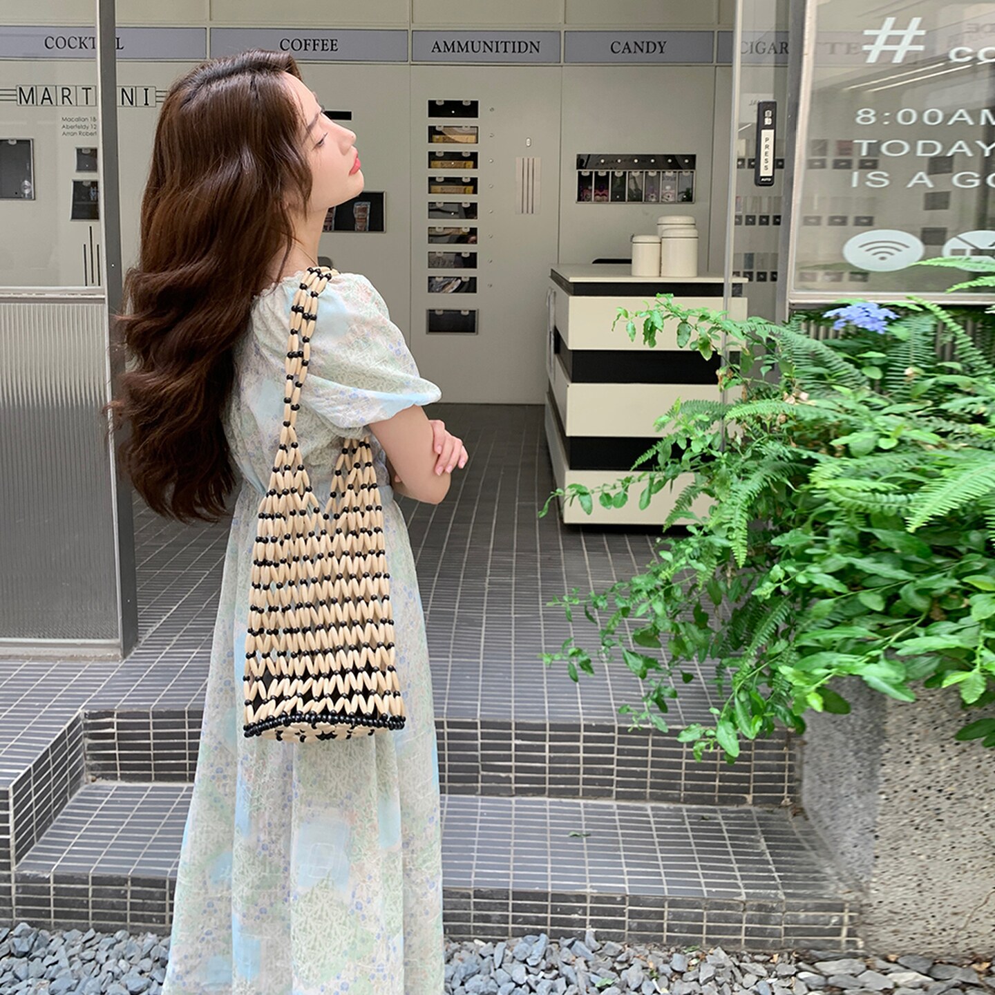 新款现货！印花绿色蕾丝收腰法式连衣裙159-799P135K198,女装连衣裙,浙宝159
