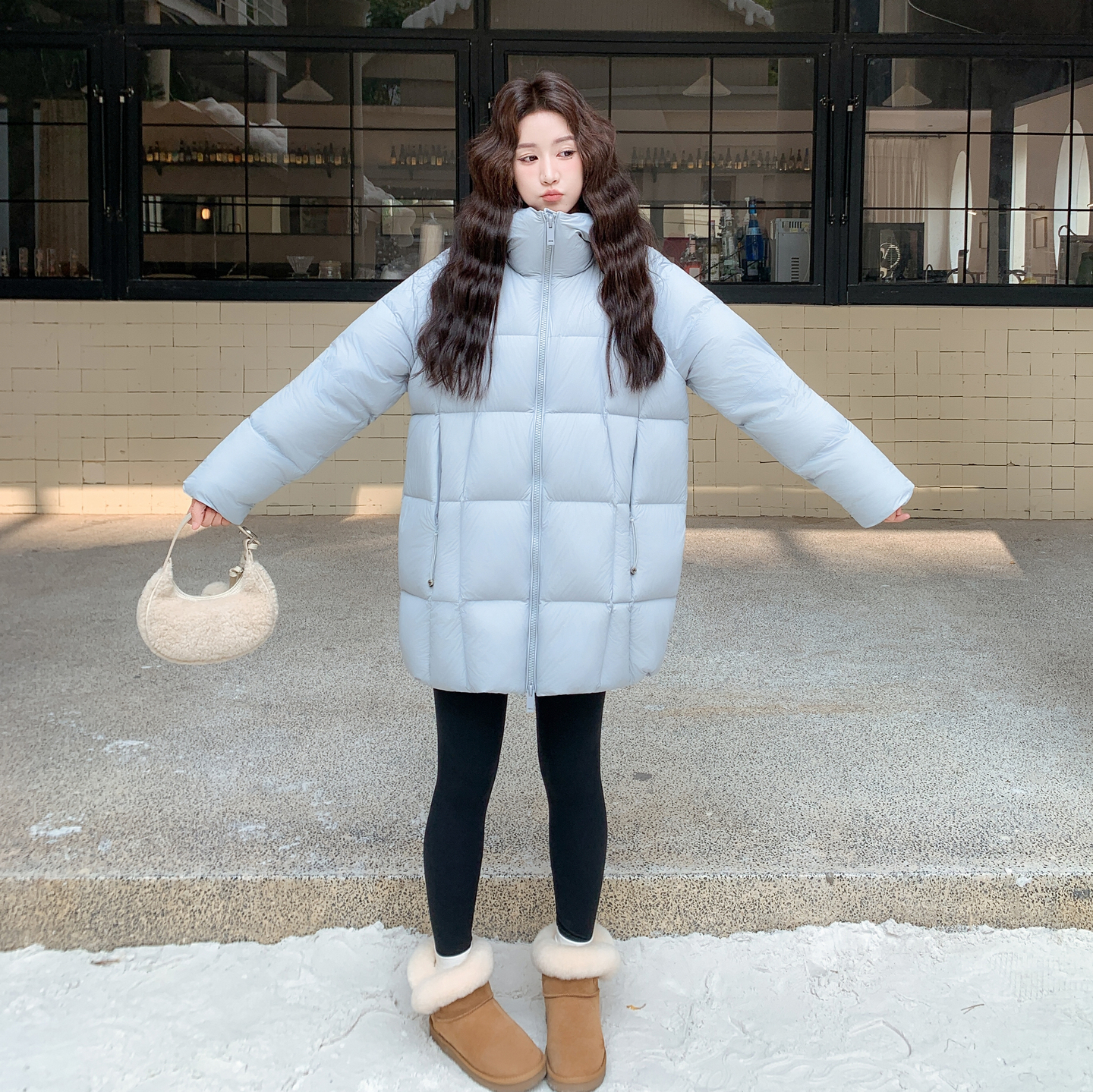 新款！蓝色中长款泡芙90白鸭绒羽绒服女159-563P385k578，女装羽绒服，浙宝159