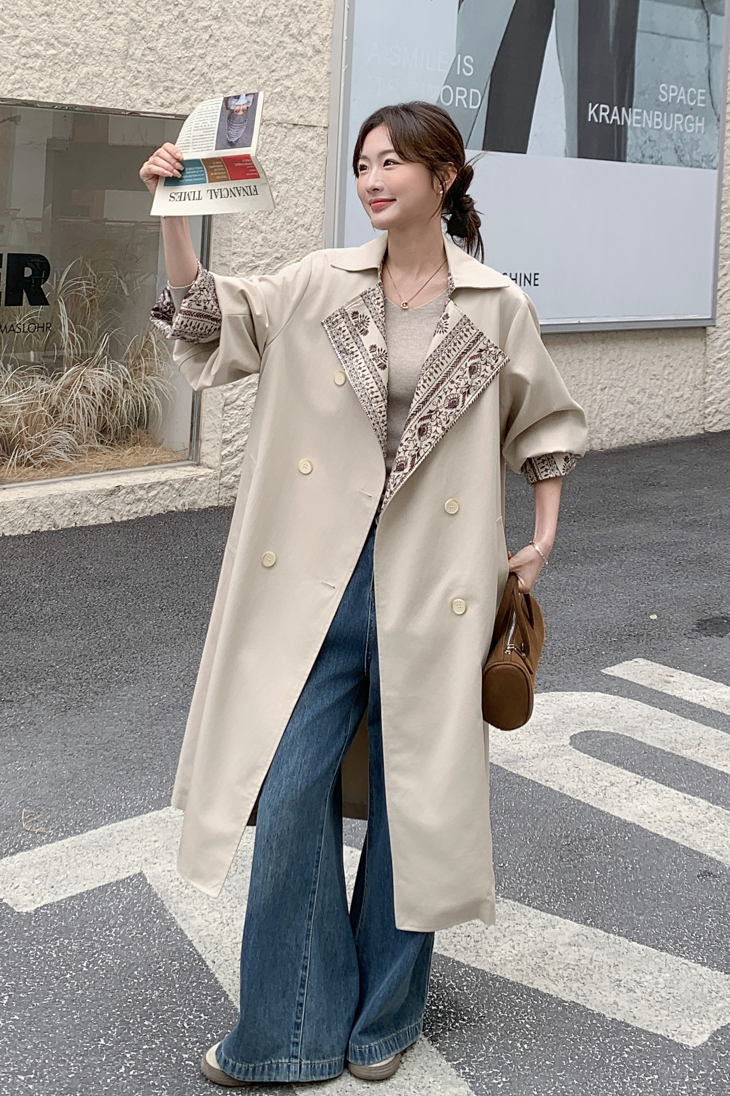 新款2026春装米白色宽松风衣长款159-2602P185K298,女装风衣,浙宝159