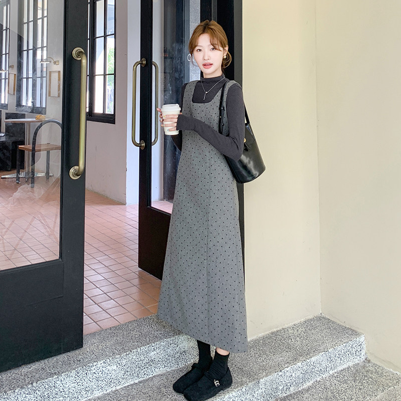 韩系高级气质灰色波点背心连衣裙女2025春秋超火巨好看长裙两级套,女装套装/套裙,浙宝159