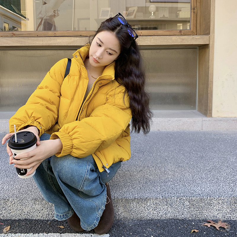 黄色小个子立领羽绒服女冬季新款韩系减龄加厚保暖90白鸭绒面包服,女装羽绒服,浙宝159