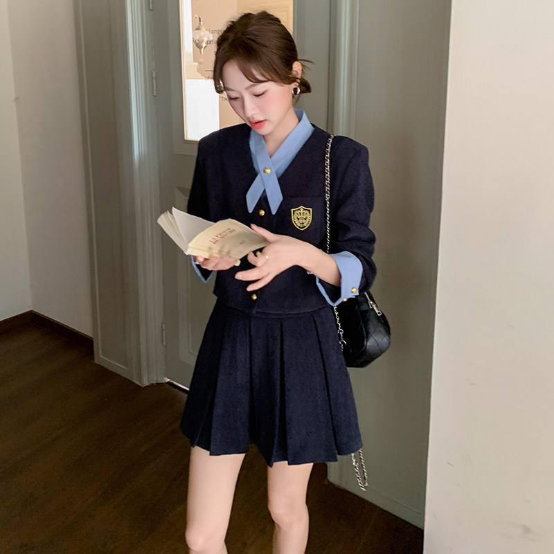 现货藏青色灯芯绒外套百褶裙两件套套装159-739P145K208,女装套装/套裙,浙宝159