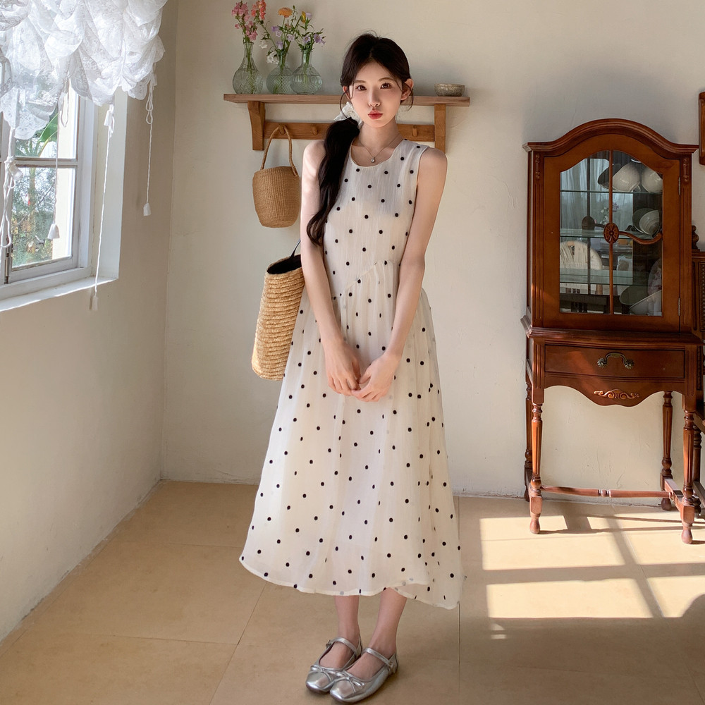 现货法式波点连衣裙无袖亚麻植绒不规则裙159-777P125K188，女装连衣裙，浙宝159