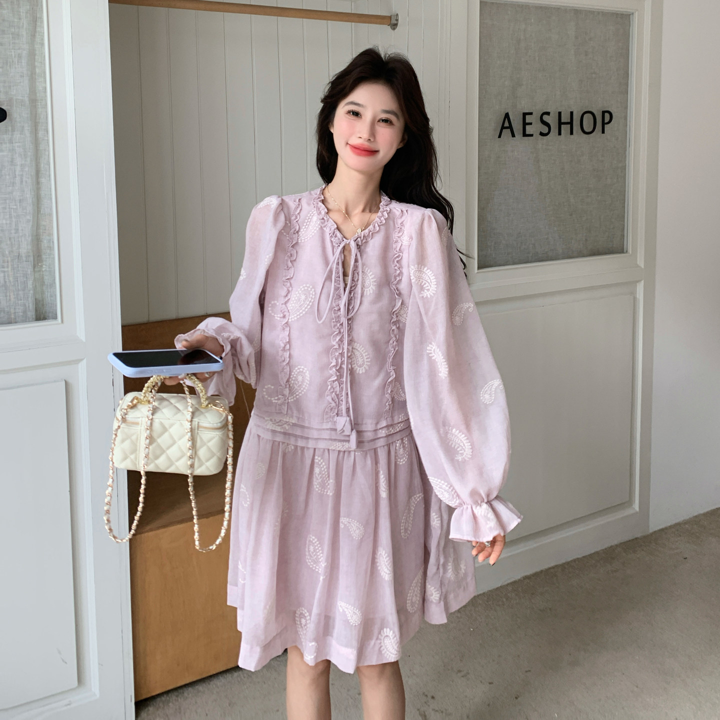 新款！度假风中长款泡泡袖法式连衣裙159-2608P145K238,女装连衣裙,浙宝159