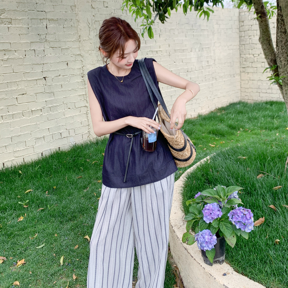 现货轻熟风无袖上衣+条纹阔腿裤两件套装159-780P165K238，女装套装/套裙，浙宝159